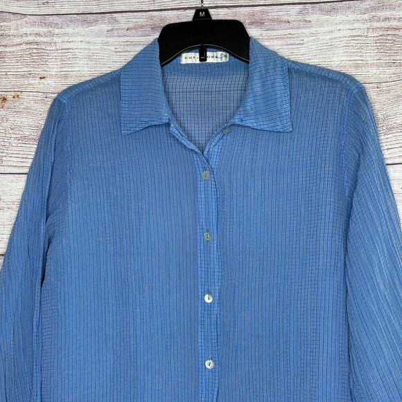 Cut Loose Semi Sheer Blue Crinkle Texture Button Up Long Sleeve Top Size Medium - Picture 3 of 6